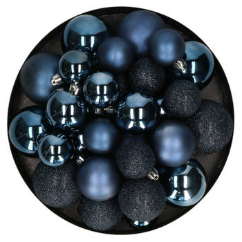 Kerstballen - 30x - donkerblauw - 4, 5, 6 cm - kunststof - mat-glans-glitter - Kerstbal