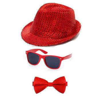 Carnaval verkleed set glitter hoed bril en strikje rood - Verkleedhoofddeksels