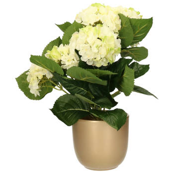 Hortensia kunstplant/kunstbloemen 36 cm - wit/groen - in pot goud glans - Kunstplanten