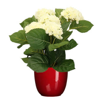 Hortensia kunstplant/kunstbloemen 36 cm - wit - in pot rood glans - Kunstplanten