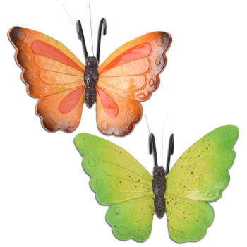Tuindecoratie bloempothanger vlinder - set 2x - groen/oranjerood - kunststeen - 13 x 10 cm - Tuinbeelden