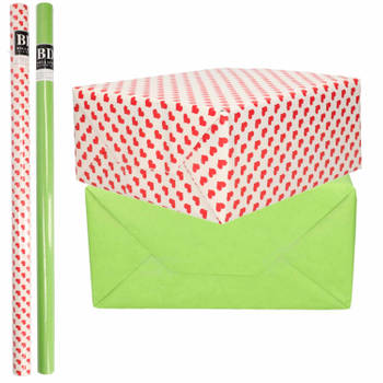 4x Rollen kraft inpakpapier liefde/rode hartjes pakket - groen 200 x 70 cm - Cadeaupapier