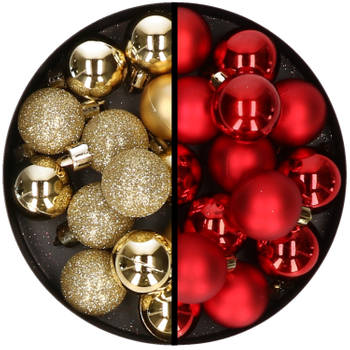 36x stuks kunststof kerstballen goud en rood 3 en 4 cm - Kerstbal