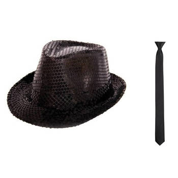 Carnaval verkleed set glitter hoed en stropdas zwart - Verkleedhoofddeksels