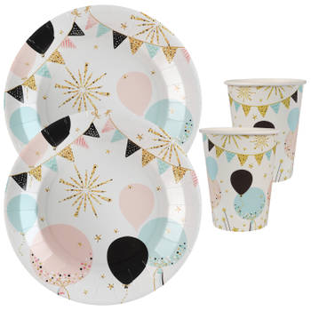 Feest wegwerp servies set - ballon - 10x bordjes / 10x bekers - wit/goud - Feestpakketten