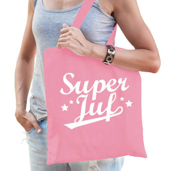 Bellatio Decorations cadeau tas voor juf - super juf - roze - katoen - 42 x 38 cm - juffendag - Feest Boodschappentassen