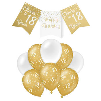 Paperdreams Luxe 18 jaar feestversiering set - Ballonnen & vlaggenlijnen - wit/goud - Feestpakketten