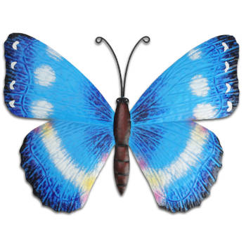 Pro Garden tuin wanddecoratie vlinder - metaal - blauw - 31 x 23 cm - Tuinbeelden