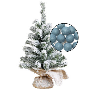 Mini kerstboom besneeuwd met verlichting - in jute zak - H45 cm - blauw - Kunstkerstboom