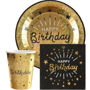 Verjaardag feest bekertjes/bordjes en servetten happy birthday - 60x - goud - Feestpakketten