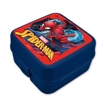 Marvel Spiderman broodtrommel/lunchbox voor kinderen - blauw - kunststof - 14 x 8 cm - Lunchboxen