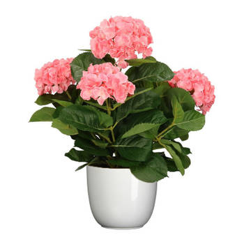 Hortensia kunstplant/kunstbloemen 45 cm - roze - in pot wit glans - Kunstplanten