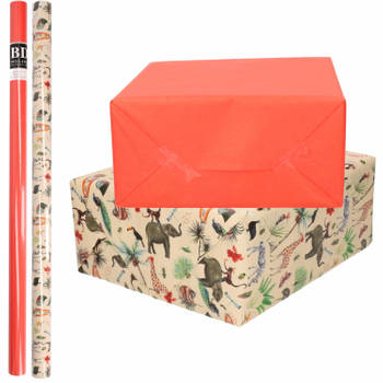 4x Rollen kraft inpakpapier jungle/oerwoud pakket - dieren/rood 200 x 70 cm - Cadeaupapier