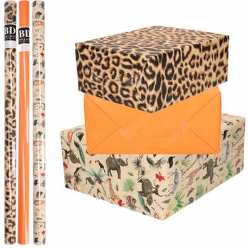 6x Rollen kraft inpakpapier jungle/panter pakket - dieren/luipaard/oranje 200 x 70 cm - Cadeaupapier