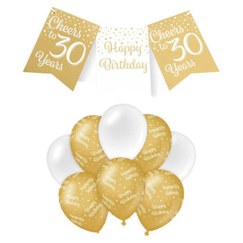 Paperdreams Luxe 30 jaar feestversiering set - Ballonnen & vlaggenlijnen - wit/goud - Feestpakketten