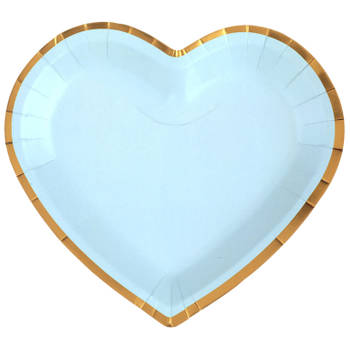 Santex wegwerpbordjes hartje - Babyshower jongen - 10x stuks - 23 cm - blauw/goud - Feestbordjes