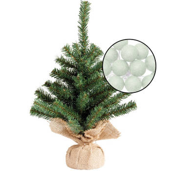 Mini kunst kerstboom groen met verlichting - in jute zak - H45 cm - lichtgroen - Kunstkerstboom