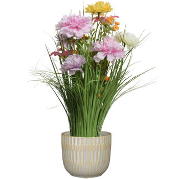 Kunstbloemen boeket lila paars - in pot lichtgrijs - keramiek - H40 cm - Kunstbloemen