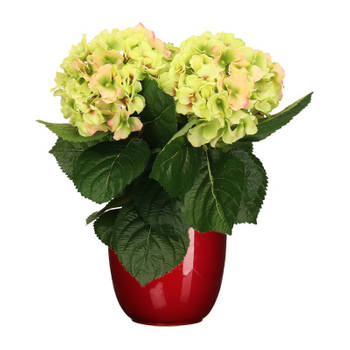 Hortensia kunstplant/kunstbloemen 36 cm - groen/roze - in pot rood - Kunstplanten