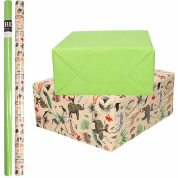 4x Rollen kraft inpakpapier jungle/oerwoud pakket - dieren/groen 200 x 70 cm - Cadeaupapier