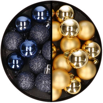 36x stuks kunststof kerstballen donkerblauw en goud 3 en 4 cm - Kerstbal