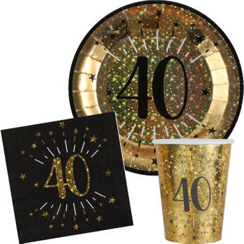 Verjaardag feest bekertjes/bordjes en servetten leeftijd - 30x - 40 jaar - goud - Feestpakketten