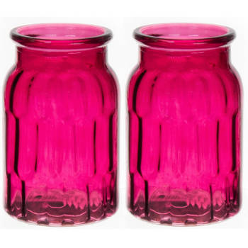 Bellatio Design Bloemenvaas klein - 2x - fuchsia roze - glas - D10 x H16 cm - Vazen