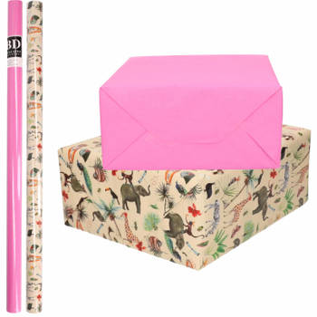 4x Rollen kraft inpakpapier jungle/oerwoud pakket - dieren/roze 200 x 70 cm - Cadeaupapier