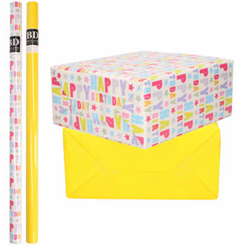 6x Rollen kraft inpakpapier happy birthday pakket - geel 200 x 70 cm - Cadeaupapier