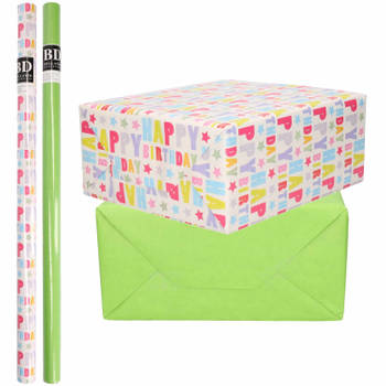 4x Rollen kraft inpakpapier happy birthday pakket - groen 200 x 70 cm - Cadeaupapier