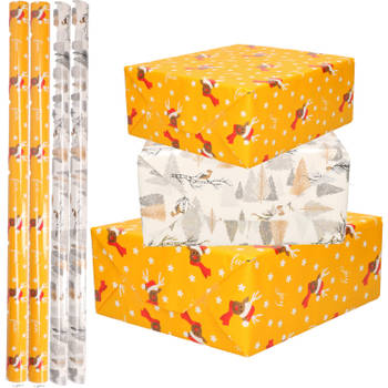 Set van 4x Rollen Kerst inpakpapier/cadeaupapier rendieren/vogels/bomen 2,5 x 0,7 meter - Cadeaupapier