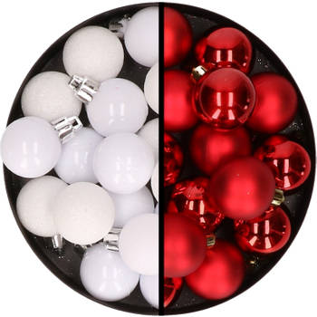 36x stuks kunststof kerstballen wit en rood 3 en 4 cm - Kerstbal