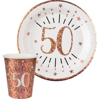 Verjaardag feest bekertjes en bordjes leeftijd - 40x - 50 jaar - rose goud - karton - Feestpakketten
