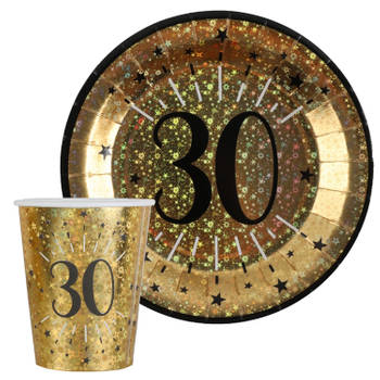 Verjaardag feest bekertjes en bordjes leeftijd - 20x - 30 jaar - goud - karton - Feestpakketten