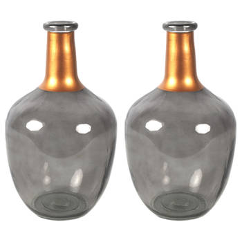 Countryfield Bloemenvaas Firm Big Bottle - 2x - transparant grijs/koper - glas - D18 x H30 cm - Vazen