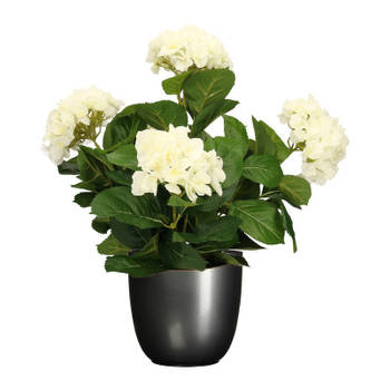 Hortensia kunstplant/kunstbloemen 45 cm - wit - in pot titanium grijs glans - Kunstplanten
