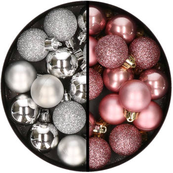 34x stuks kunststof kerstballen zilver en velvet roze 3 cm - Kerstbal