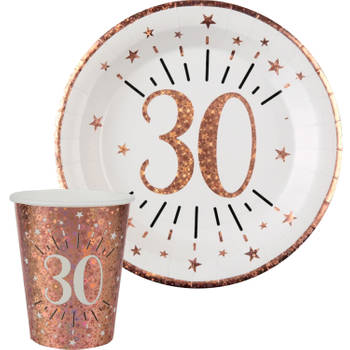 Verjaardag feest bekertjes en bordjes leeftijd - 40x - 30 jaar - rose goud - karton - Feestpakketten