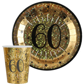 Verjaardag feest bekertjes en bordjes leeftijd - 20x - 60 jaar - goud - karton - Feestpakketten