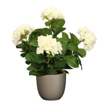 Hortensia kunstplant/kunstbloemen 45 cm - wit - in pot taupe mat - Kunstplanten