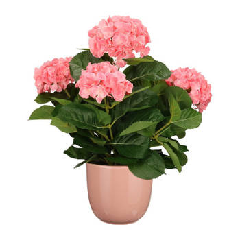 Hortensia kunstplant/kunstbloemen 45 cm - roze - in pot roze glans - Kunstplanten