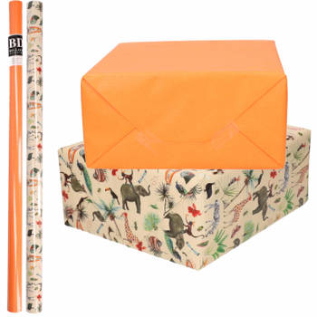 6x Rollen kraft inpakpapier jungle/oerwoud pakket - dieren/oranje 200 x 70 cm - Cadeaupapier