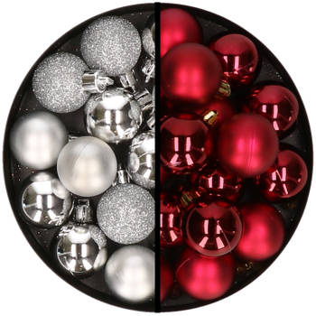 36x stuks kunststof kerstballen zilver en donkerrood 3 en 4 cm - Kerstbal