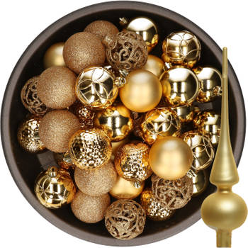 37x stuks kunststof kerstballen 6 cm incl. glazen piek mat goud - Kerstbal