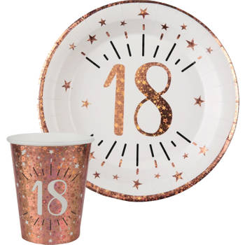 Verjaardag feest bekertjes en bordjes leeftijd - 20x - 18 jaar - rose goud - karton - Feestpakketten