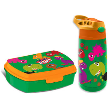 Crazy Dino lunchbox set voor kinderen - 2-delig - groen - kunststof/rvs - Lunchboxen