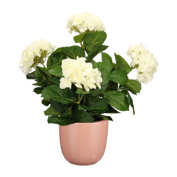Hortensia kunstplant/kunstbloemen 45 cm - wit - in pot roze glans - Kunstplanten