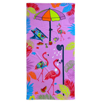 Strand/badlaken voor kinderen - flamingo print - 70 x 140 cm - microvezel - Strandlakens