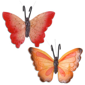 Tuindecoratie bloempothanger vlinder - set 2x - rood/oranjerood - kunststeen - 13 x 10 cm - Tuinbeelden