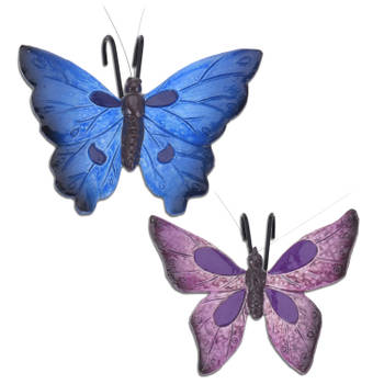 Tuindecoratie bloempothanger vlinder - set 2x - paars/blauw - kunststeen - 13 x 10 cm - Tuinbeelden